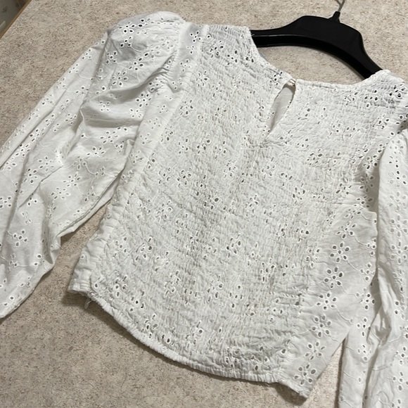 ZARA WHITE EYELET PUFF SLEEVE & LACE INSERT CROP TOP - Picture 10 of 11